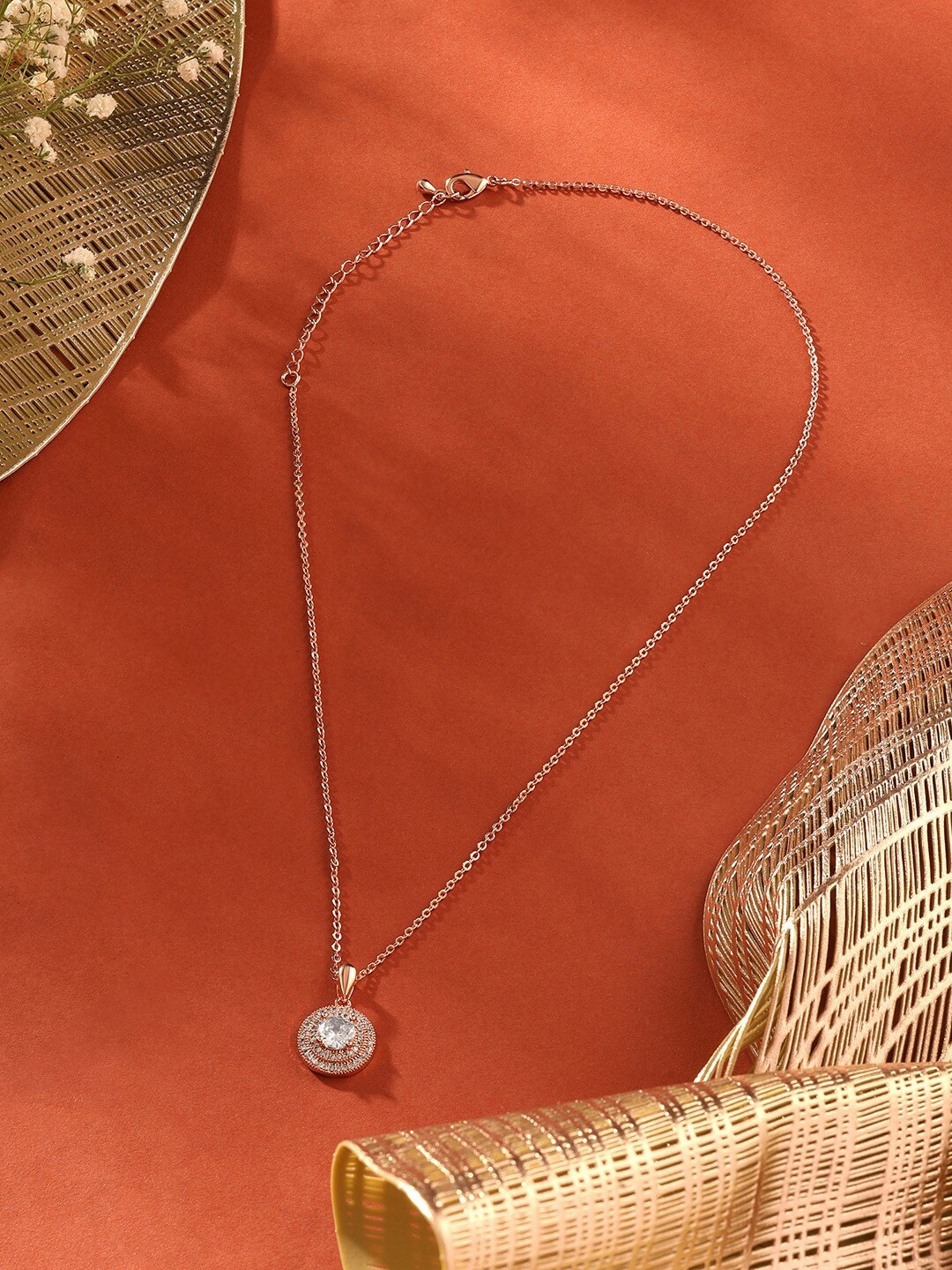 

AMI Rose Gold-Plated Contemporary CZ-Studded Pendant With Chain