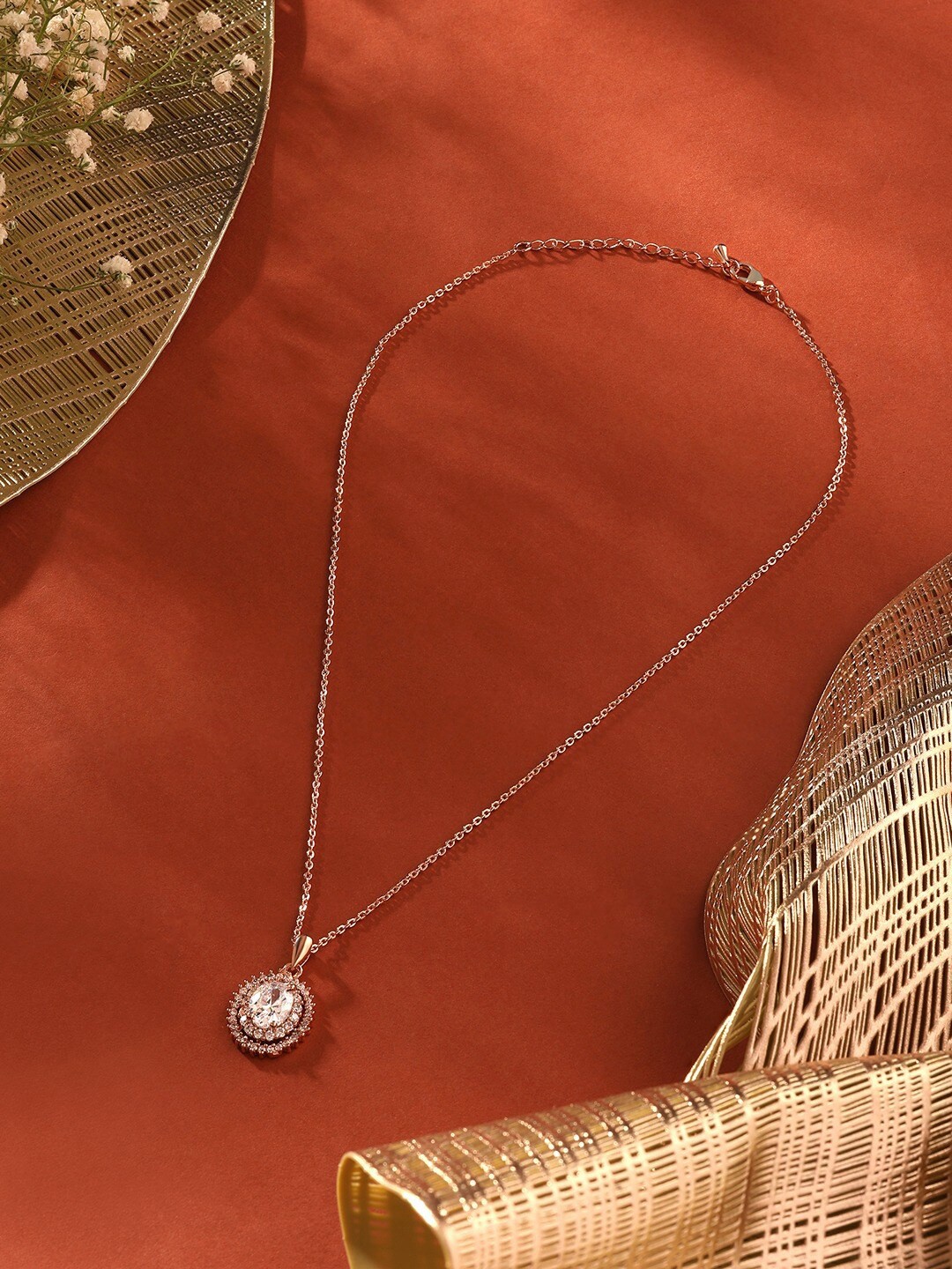 

AMI Rose Gold-Plated Contemporary CZ-Studded Pendant With Chain
