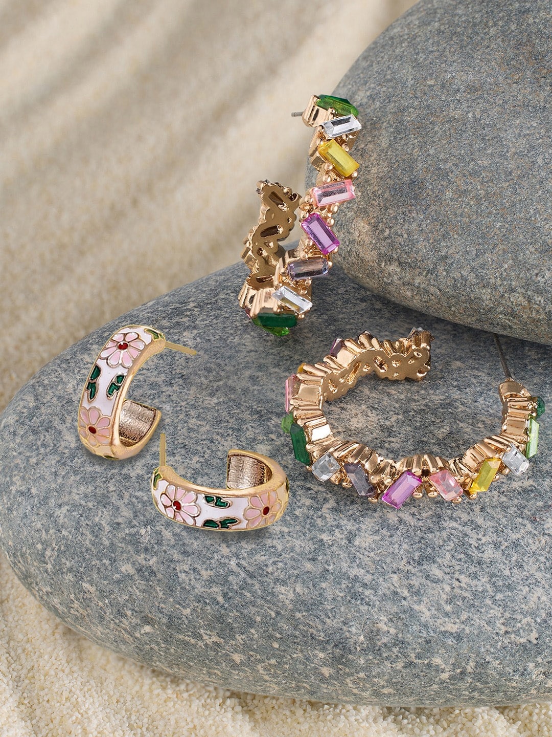 

AMI Set of 2 Gold Plated Artificial Stones Half Hoop Earrings