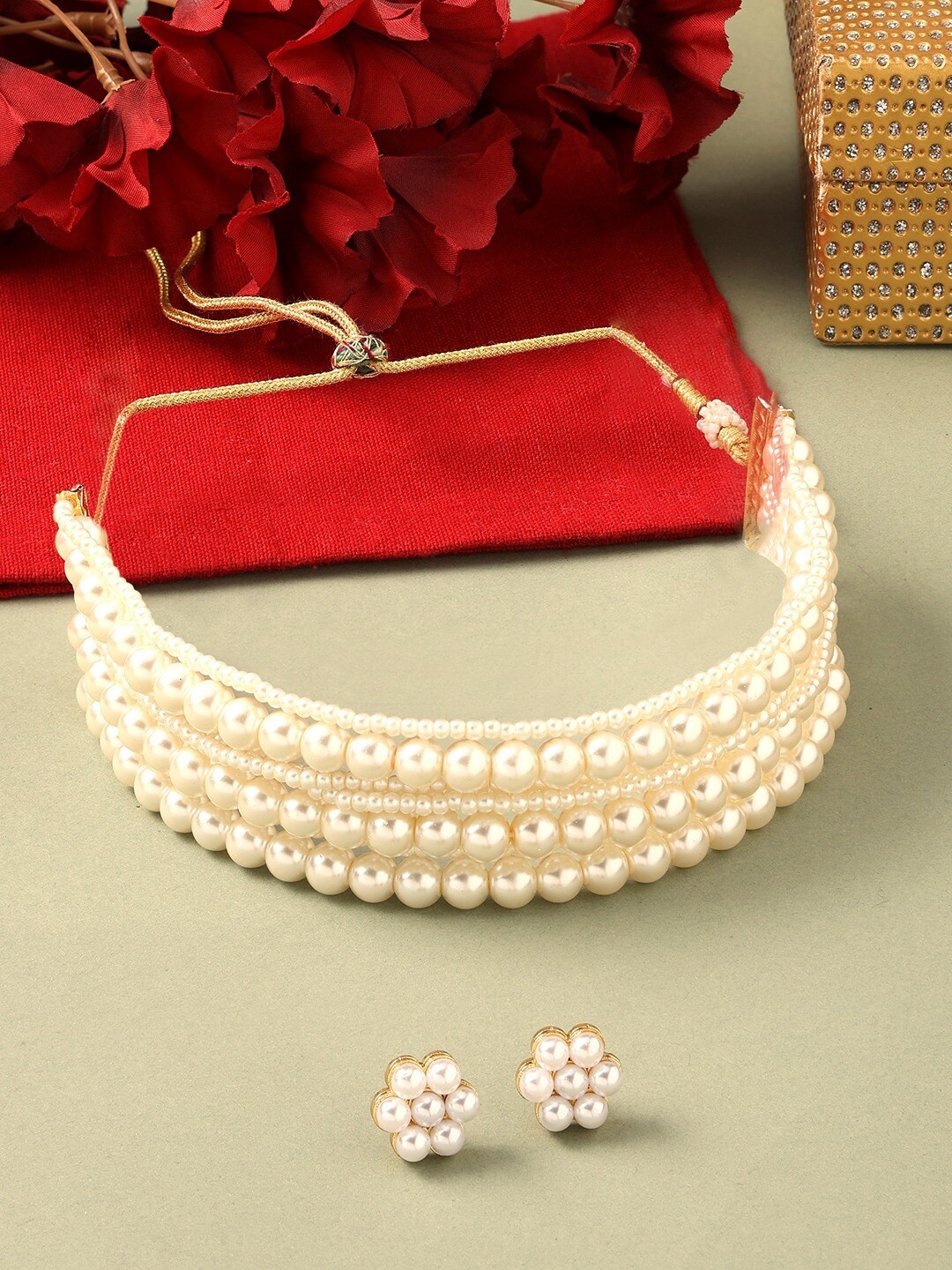 

AMI Gold-Plated Pearl Beaded Layered Choker Jewellery Set, White