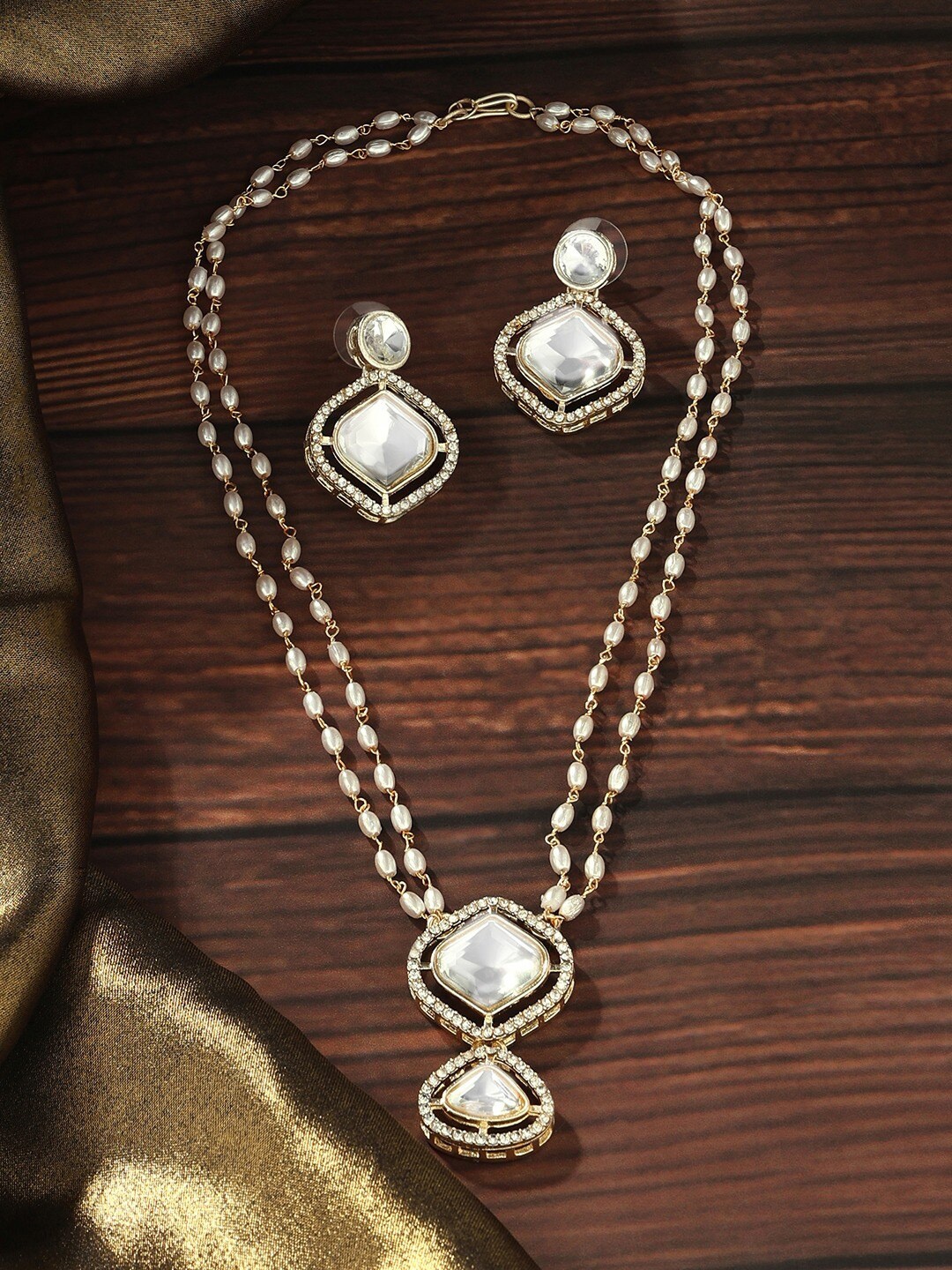 

AMI Gold-Plated American Diamond-Studded & Beaded Layered Jewellery Set