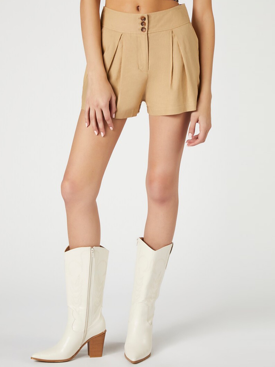 

FOREVER 21 Women Beige Mid-Rise Pleated Regular Shorts