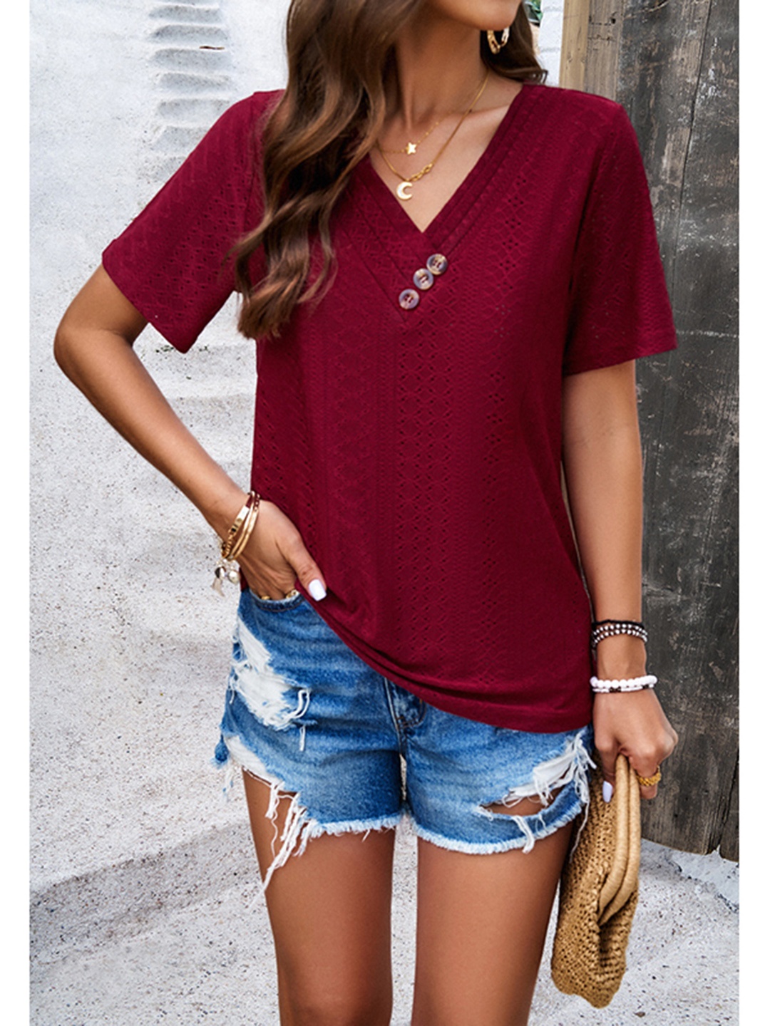 

StyleCast Red V-Neck Short Sleeves Cut Out Regular Top, Maroon