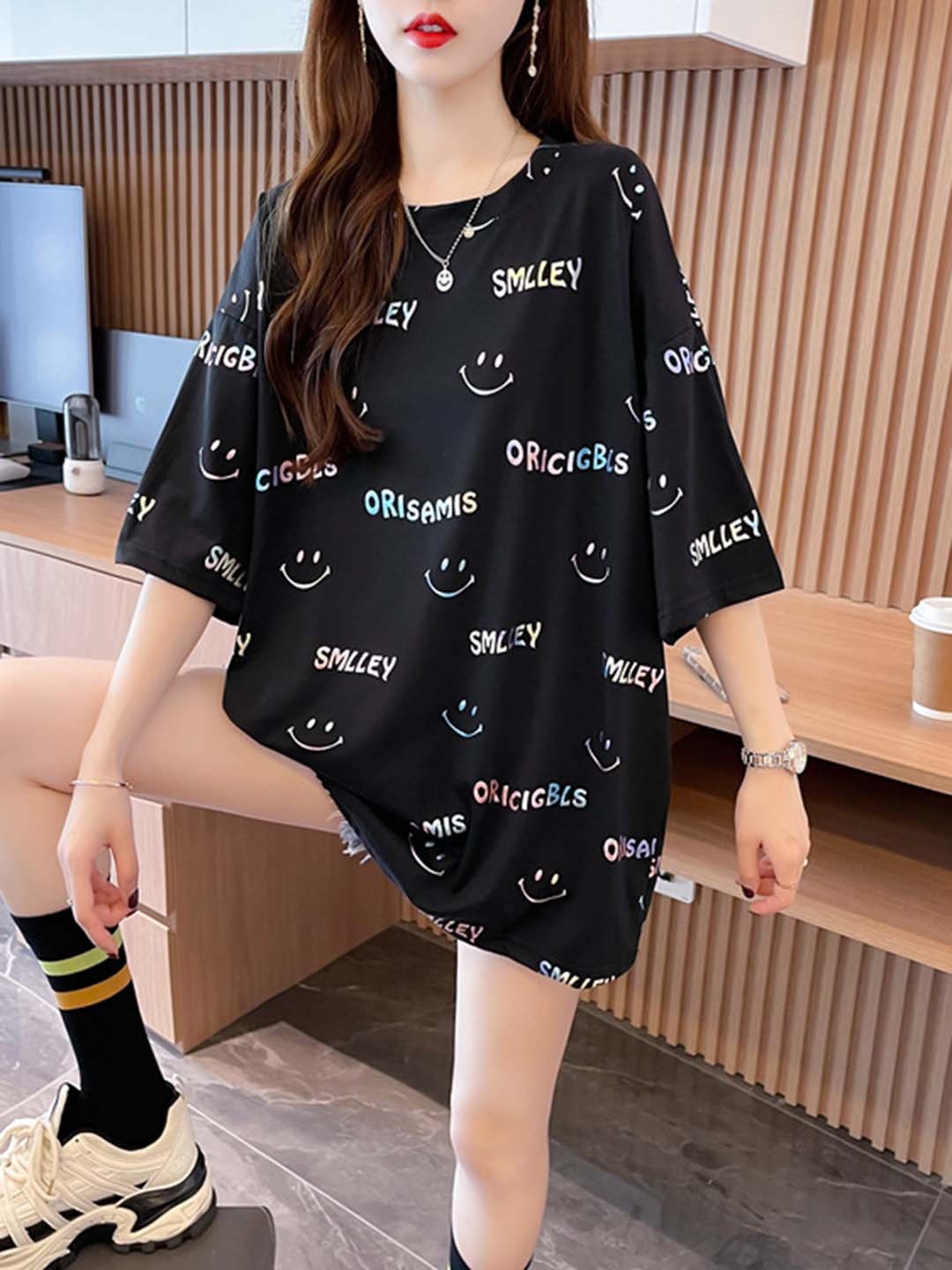 

StyleCast Black Typography Print Round Neck Extended Sleeves Opaque Casual Top