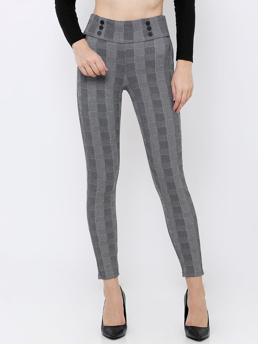 

Kraus Jeans Women Skinny Fit Checked Woven Jeggings, Grey