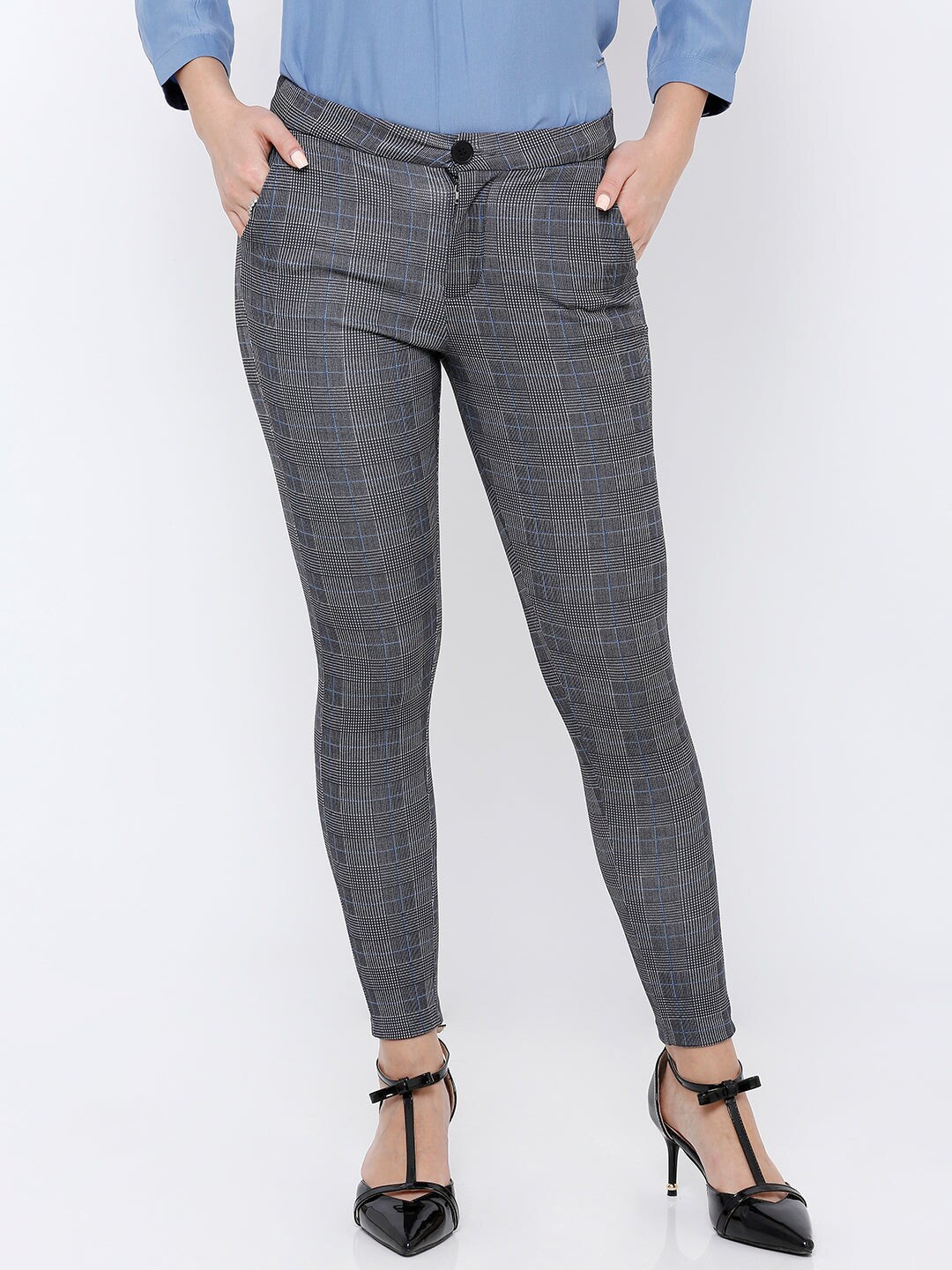 

Kraus Jeans Women Skinny Fit Checked Woven Jeggings, Grey