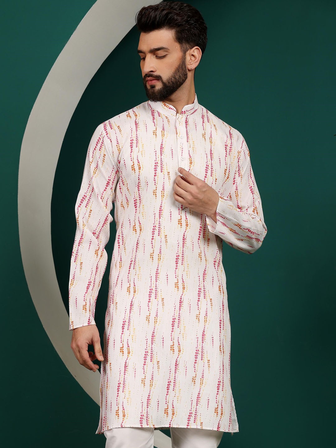 

Armaan Ethnic Mandarin Collar Dyed Block Print Kurta, Pink
