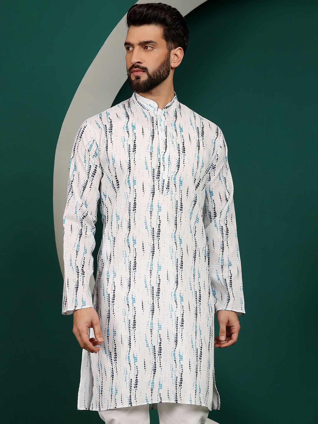 

Armaan Ethnic Mandarin Collar Printed Cotton Kurta, Blue