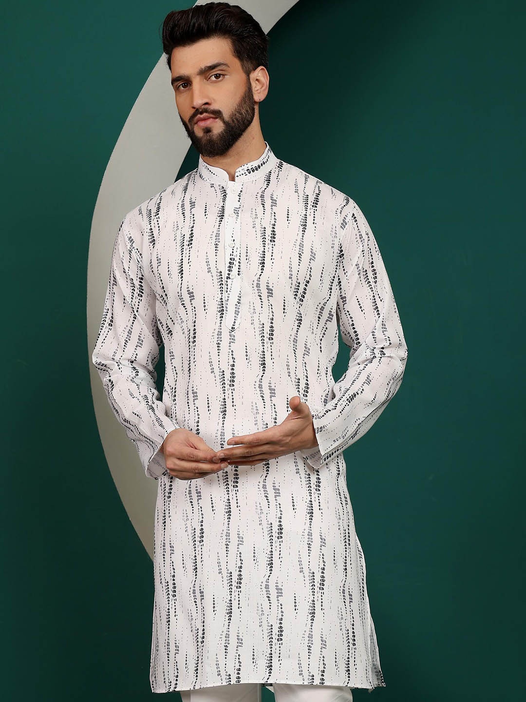 

Armaan Ethnic Mandarin Collar Dyed Block Print Pure Cotton Pathani Kurta, Grey