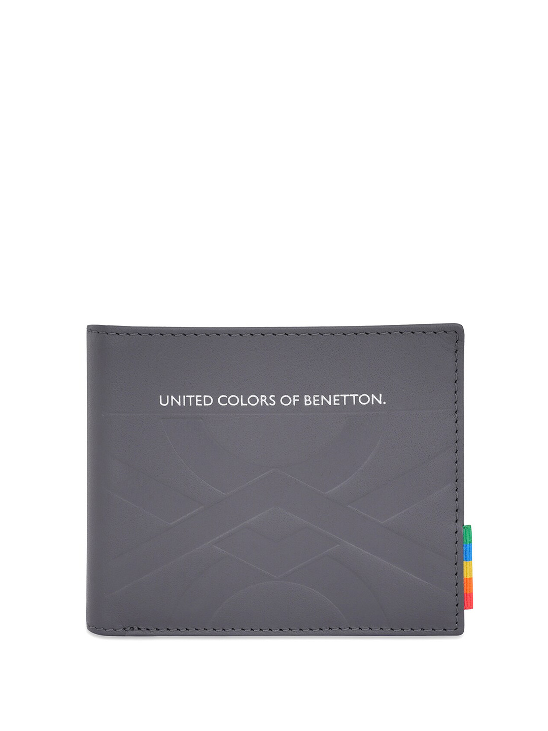 

United Colors of Benetton Men Typography Printed Leather Two Fold Wallet, Grey