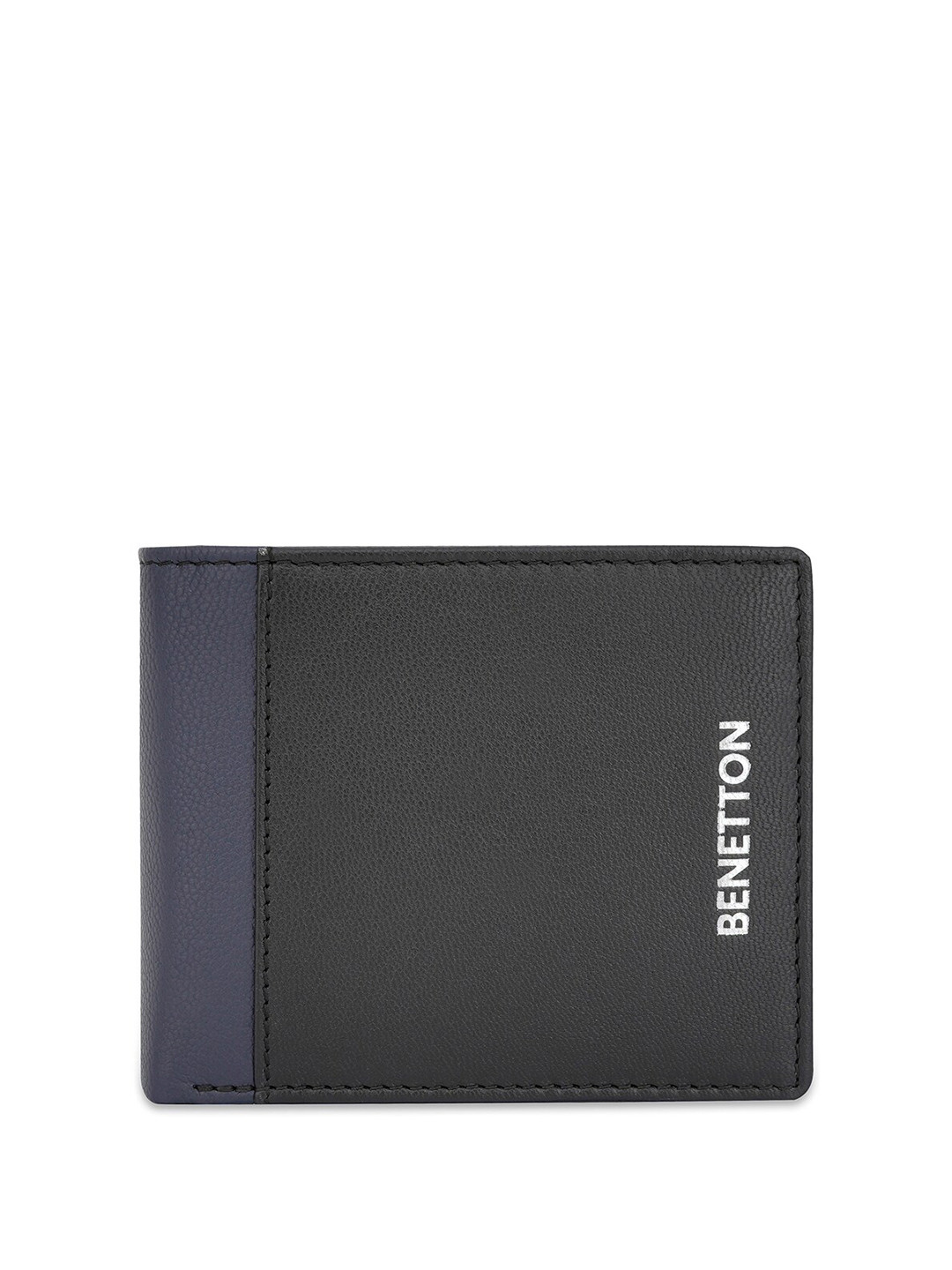 

United Colors of Benetton Men Typography Printed Leather Two Fold Wallet, Black
