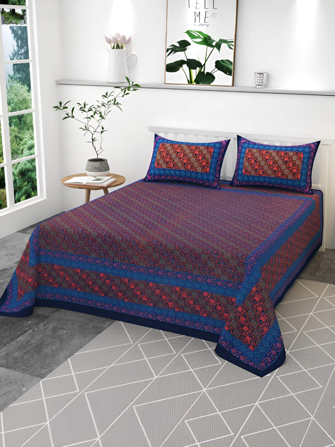 

CLIO'S HERITAGE STORE Blue & Orange Floral 210 TC Cotton King Bedsheet & 2 Pillow Covers