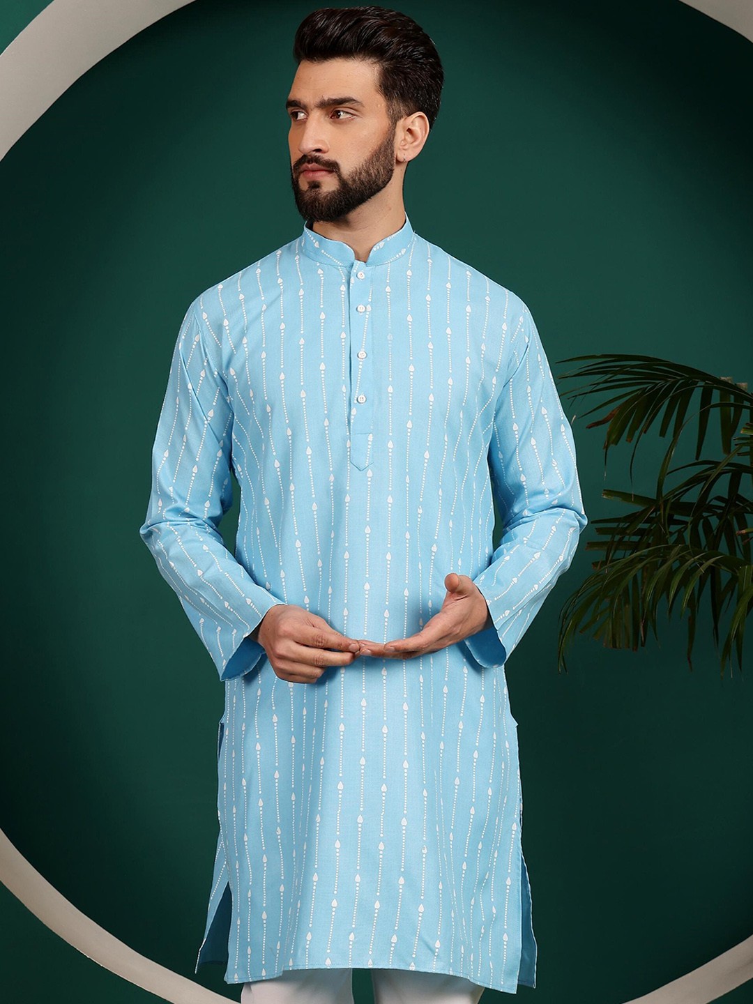 

Armaan Ethnic Mandarin Collar Block Print Cotton Kurta, Blue