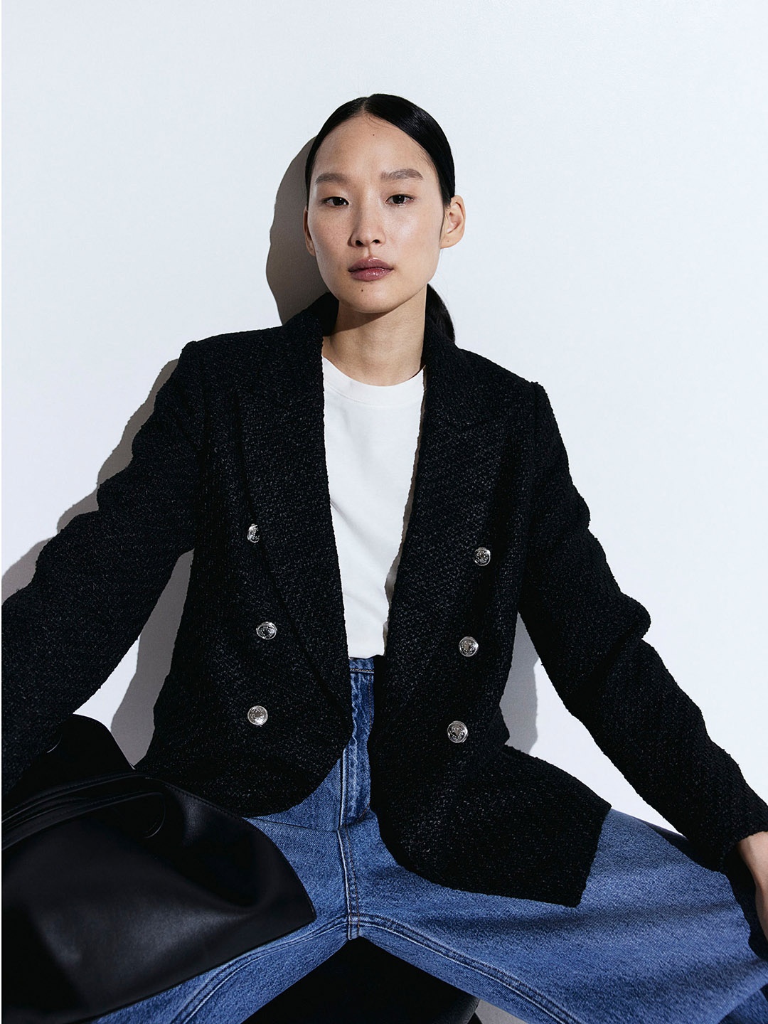 

H&M Textured-Weave Blazer, Black