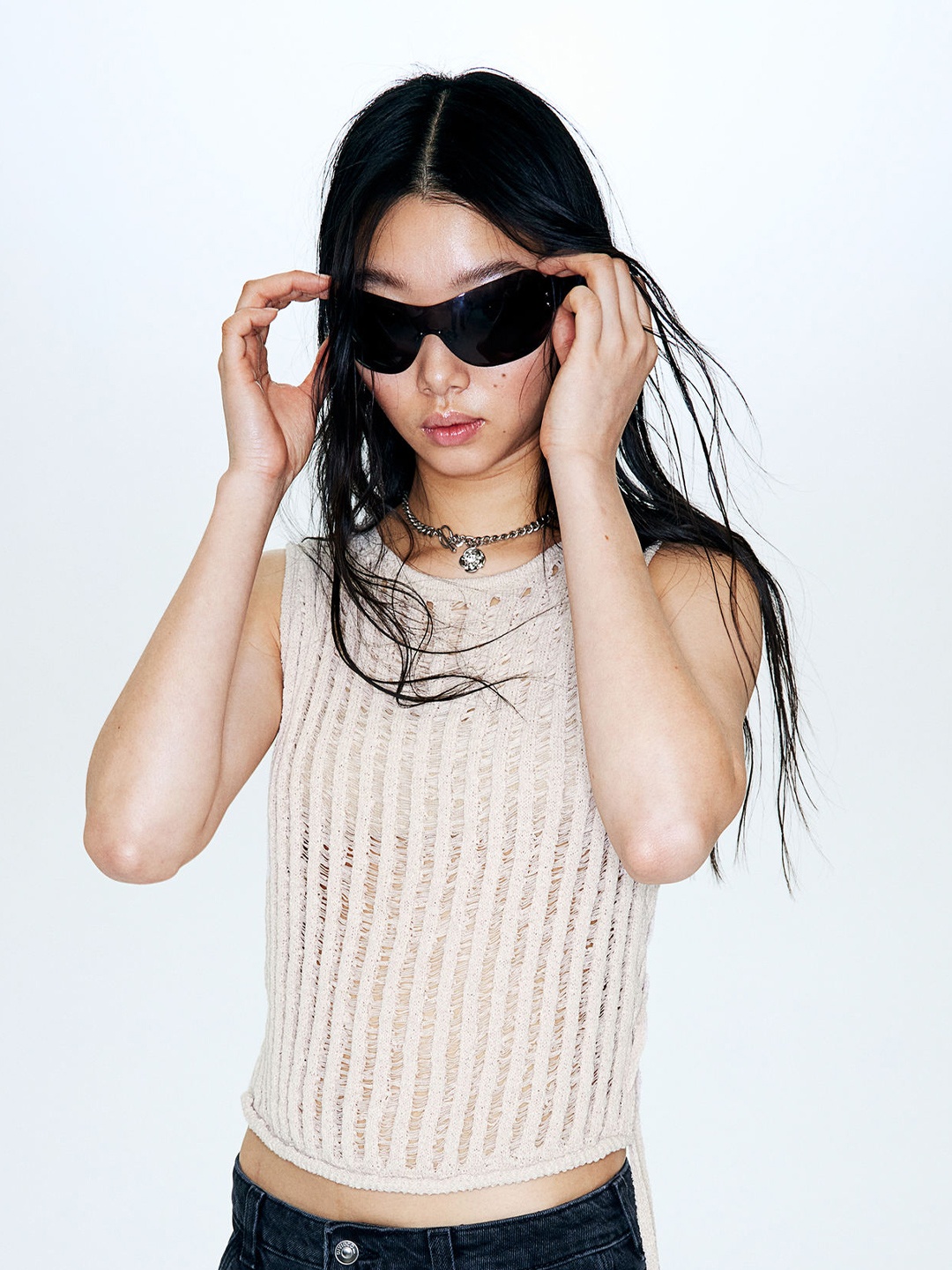 

H&M Ladder-Stitch-Look Knitted Vest Top, Beige
