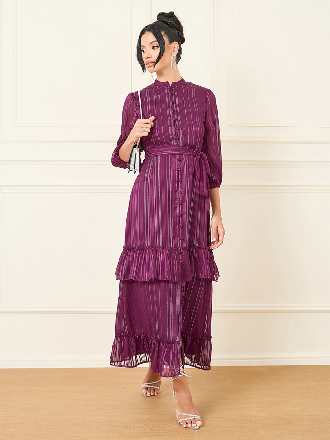 

Styli Mandarin collar Three Quarter Sleeves Maxi Dress, Burgundy