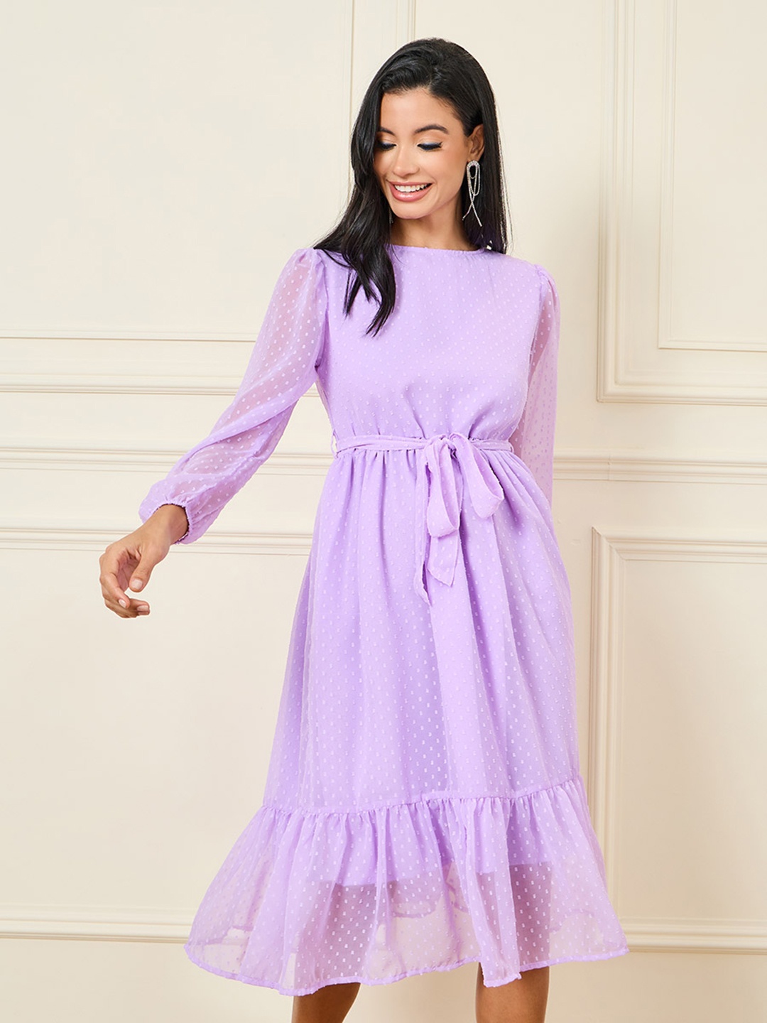 

Styli Puff Sleeve Round Neck A-Line Midi Dress, Purple