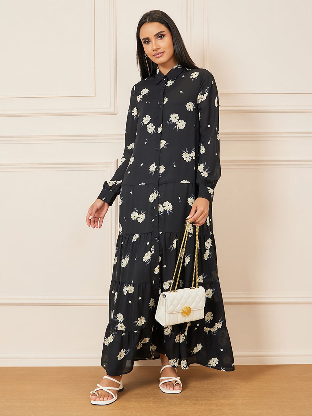 

Styli Shirt collar Long cuffed sleeves Floral Print Maxi Dress, Black