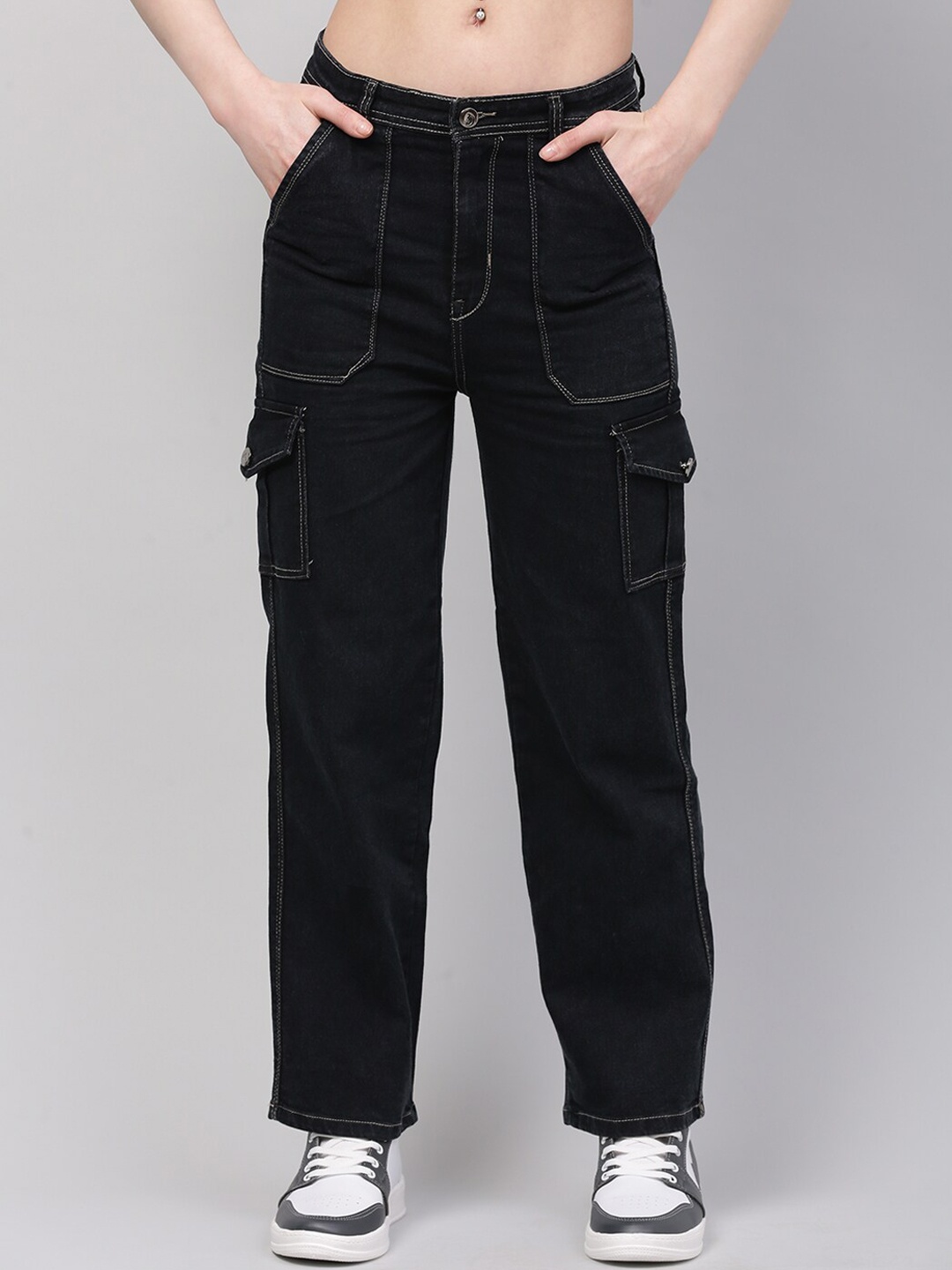 

BAESD Women Jean Straight Fit High-Rise Clean Look Cotton Cargo Jeans, Black
