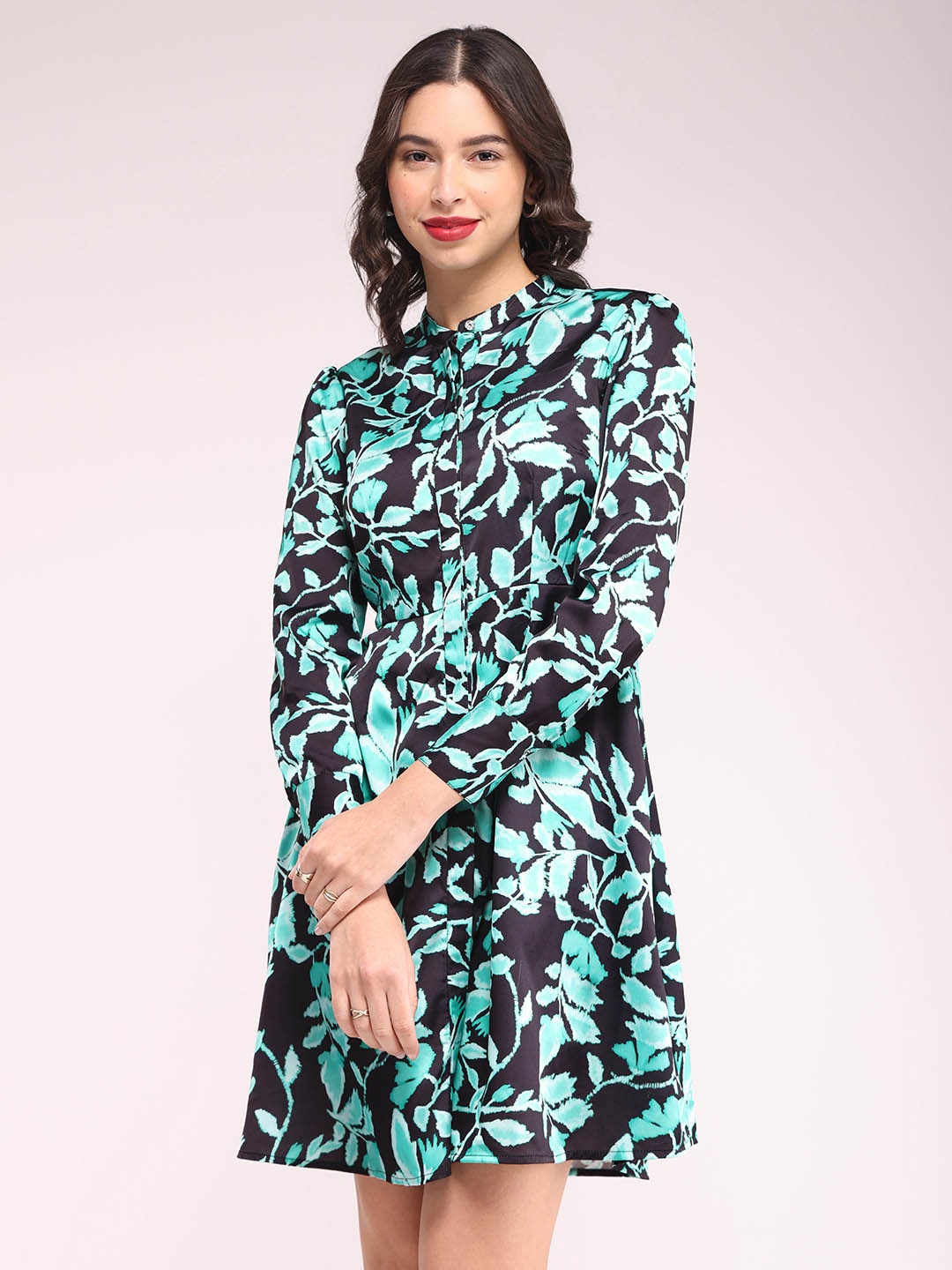

FableStreet Floral Printed Mandarin Collar Fit & Flare Satin Dress, Black