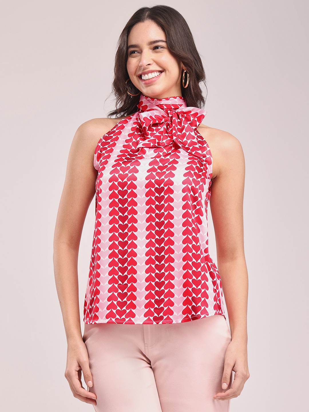 

FableStreet Geometric Printed Halter Neck Satin Top, Pink