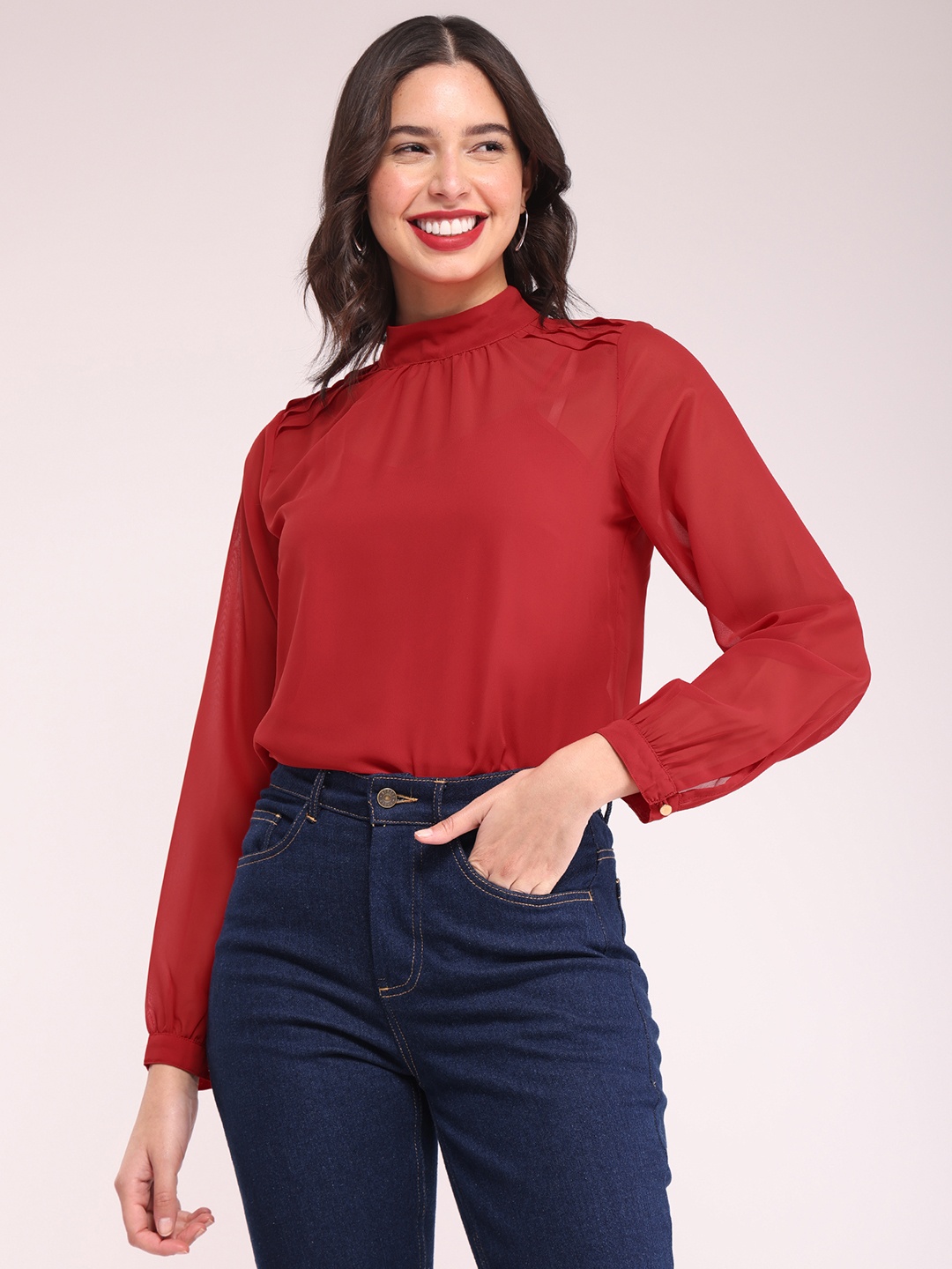 

FableStreet High Neck Cuffed Sleeves Semi Sheer Top, Red