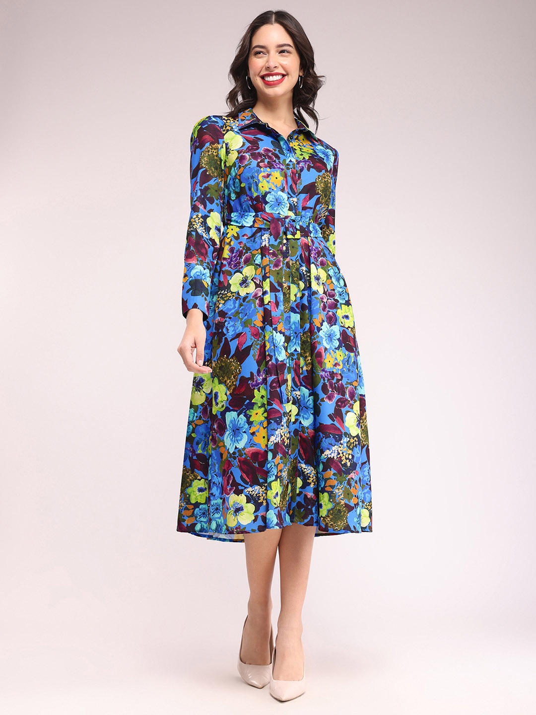 

FableStreet Floral Printed Midi Dress Comes with a belt, White