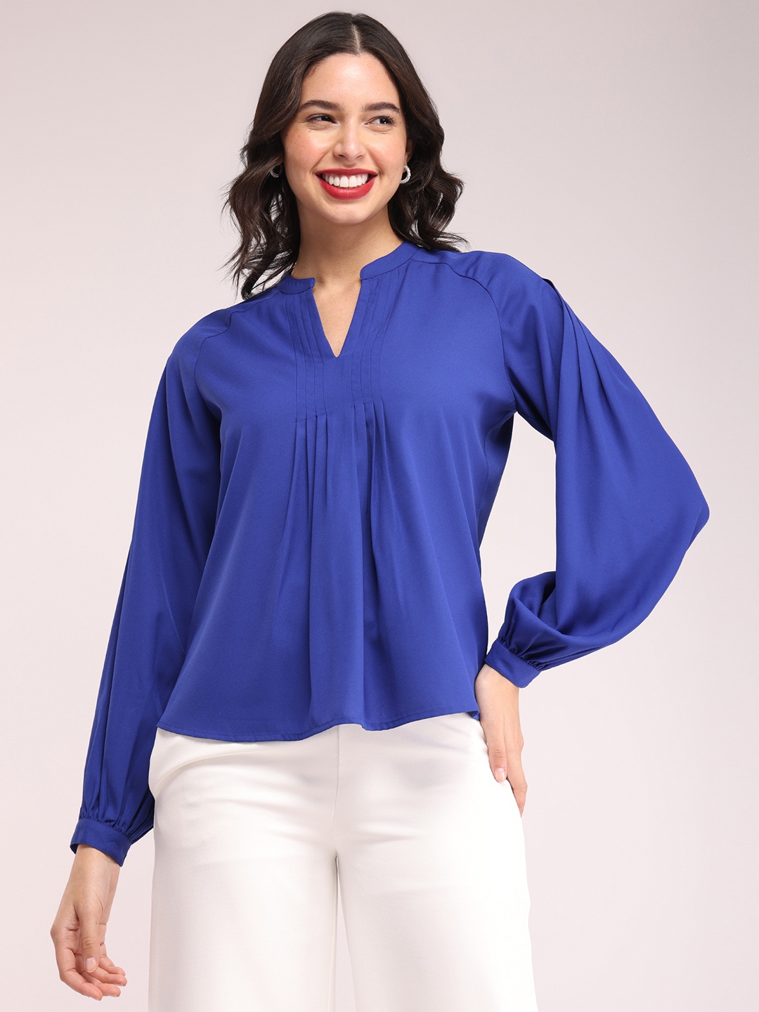

FableStreet Mandarin Collar Bishop Sleeves Top, Blue