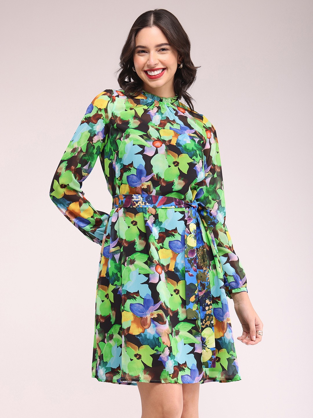 FableStreet Floral Printed Mock Neck Georgette Fit & Flare Dress, Green