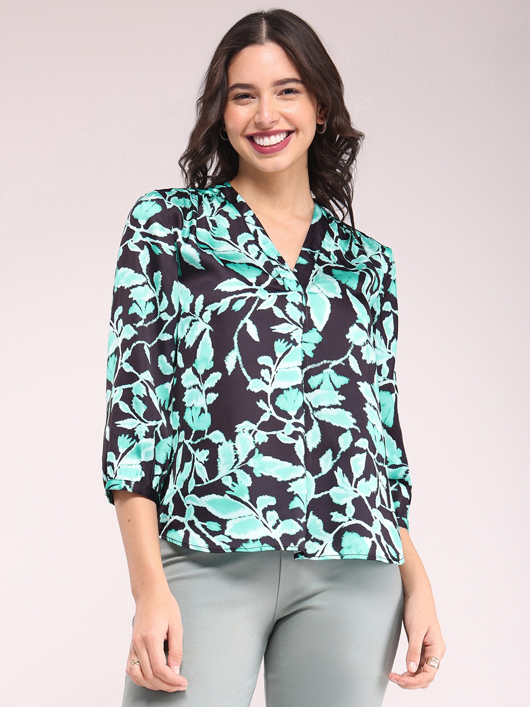 

FableStreet Floral Printed V-Neck Top, Black