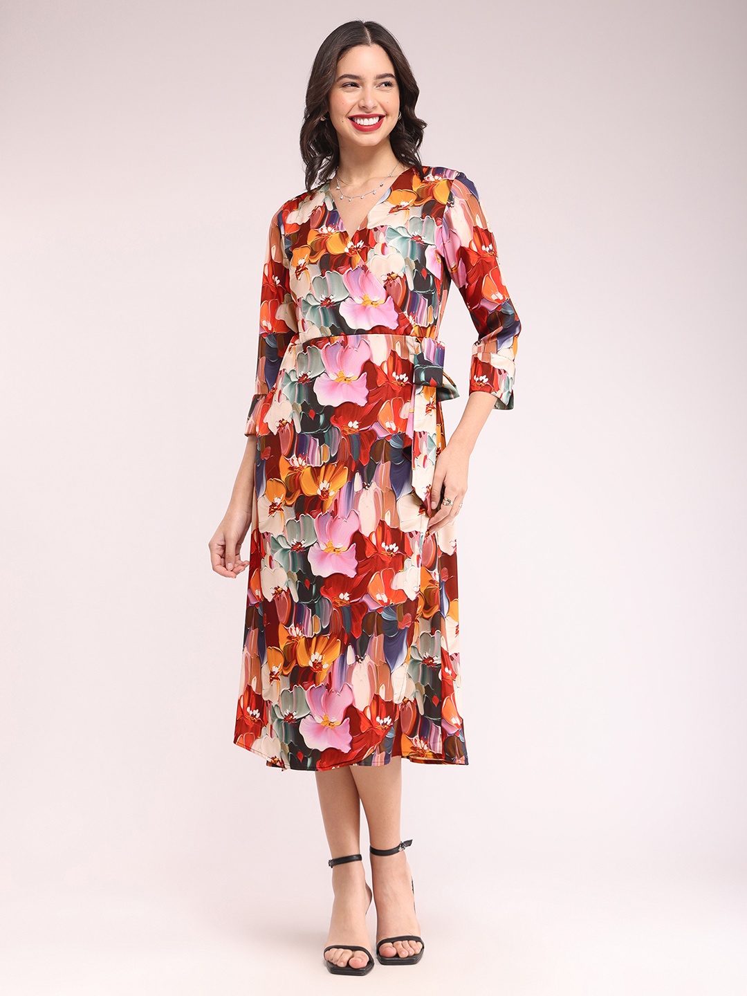 

FableStreet Floral Printed A-Line Midi Dress, Red