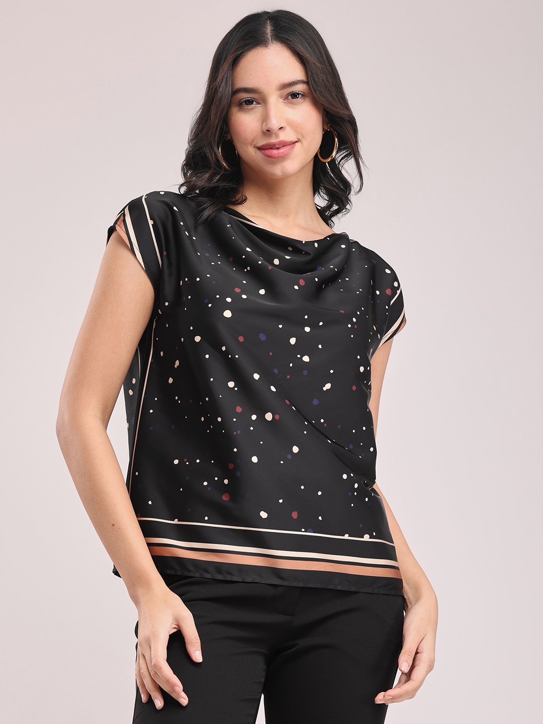 

FableStreet Geometric Printed Cowl Neck Satin Crop Top, Black