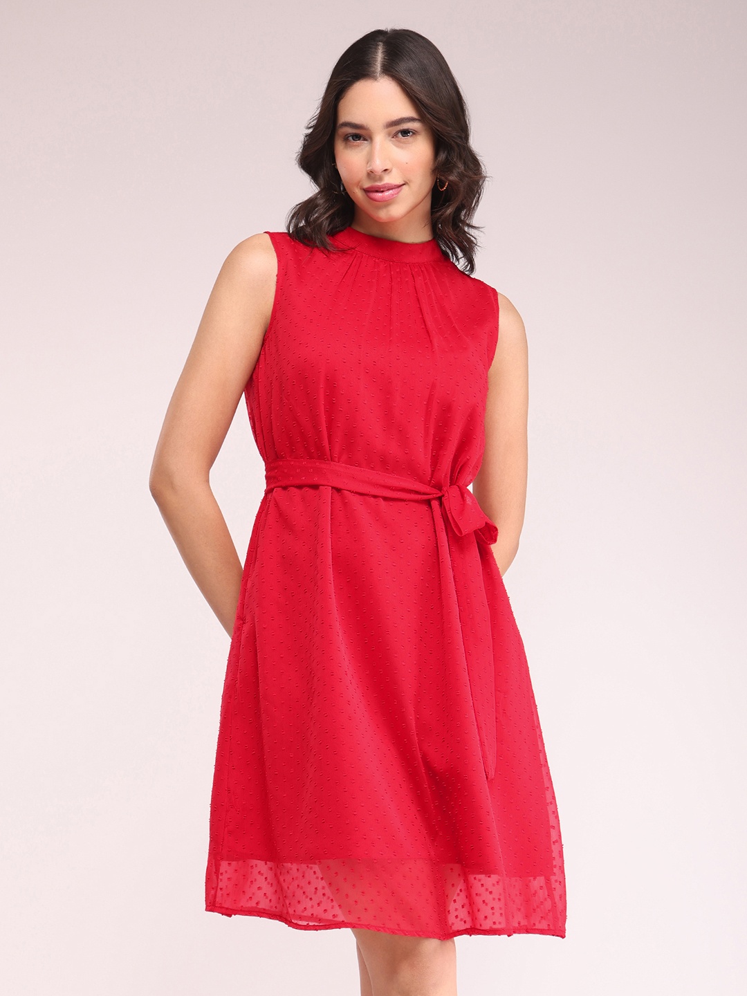 

FableStreet High Neck Fit & Flare Dress Comes with a belt, Red