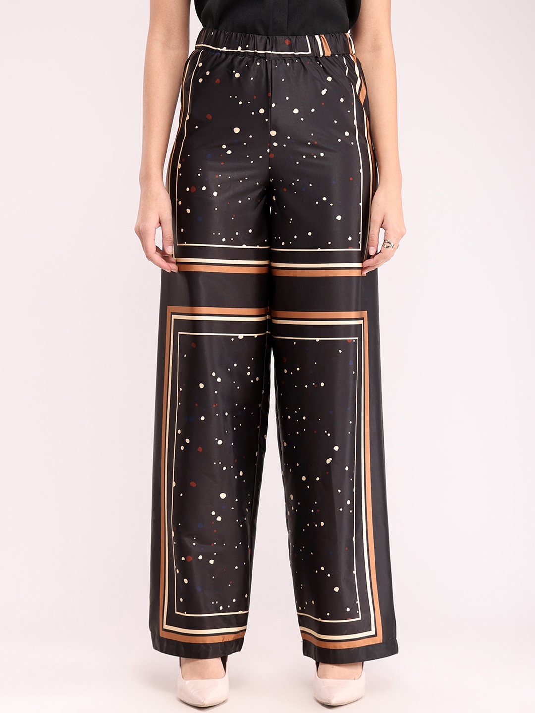 

FableStreet Women Abstract Printed Flared Formal Trouser, Black