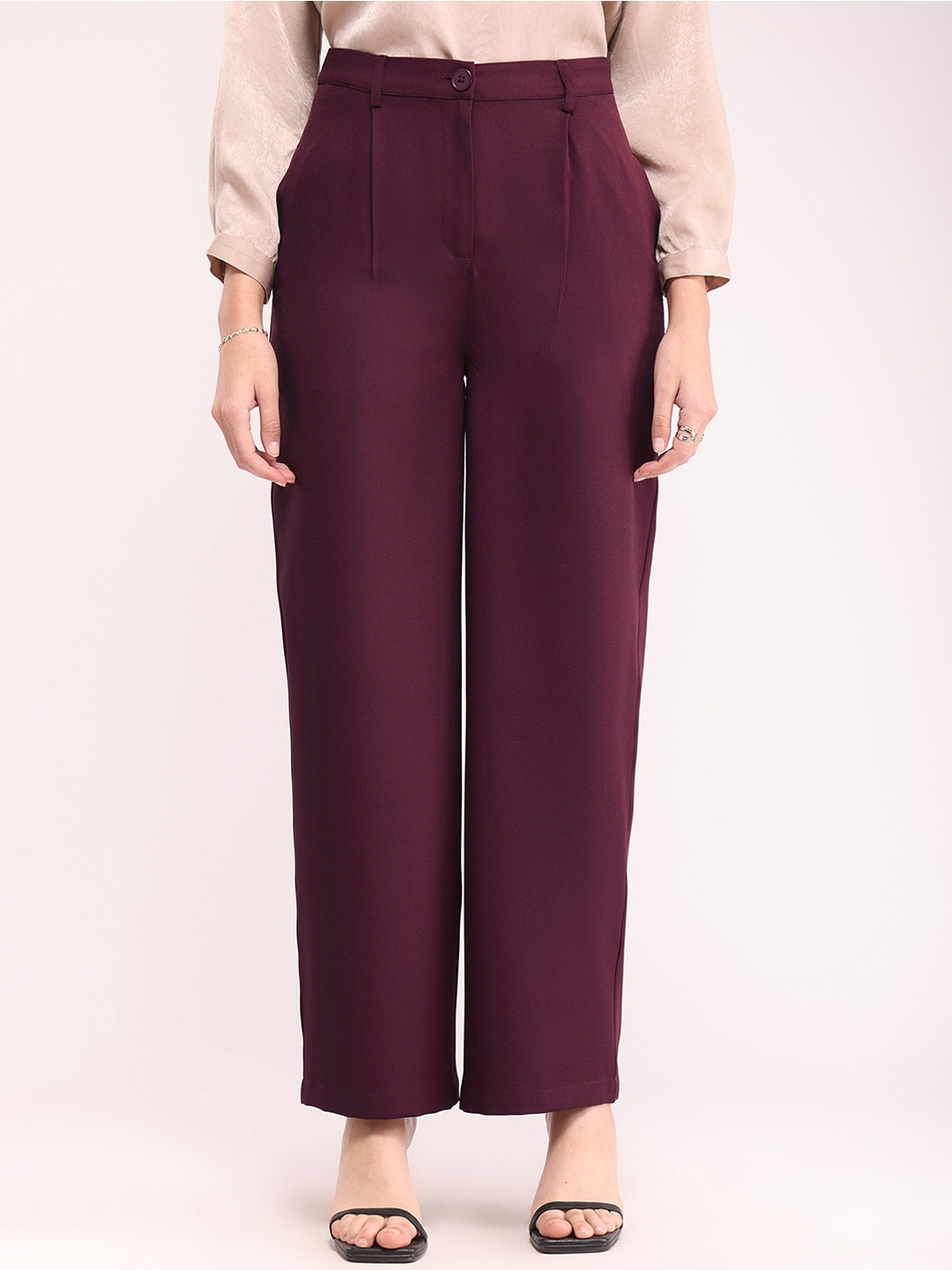 

FableStreet Women Burgundy Pleated Formal Trouser