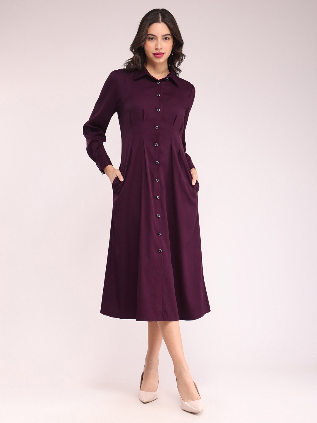 

FableStreet Long Sleeves Flared Midi Dress, Burgundy