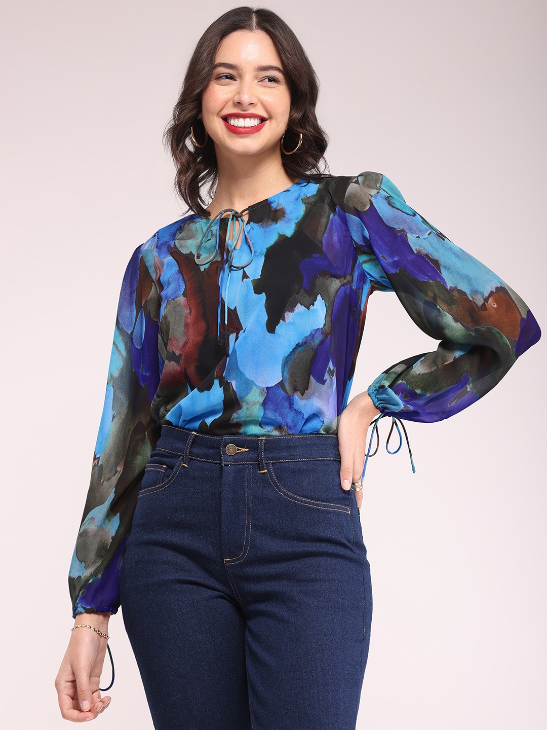 

FableStreet Printed Tie-Up Neck Puff Sleeve Georgette Top, Blue