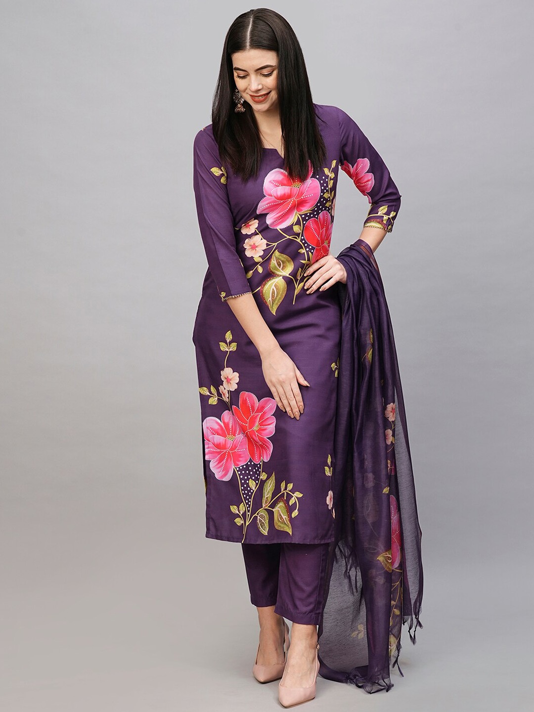 

KALINI Floral Printed Straight Kurta & Trousers With Dupatta, Violet