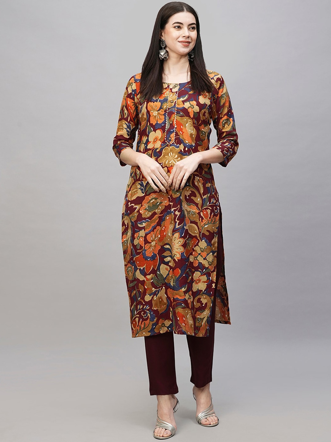 

KALINI Floral Printed Straight Kurta with Trousers, Burgundy