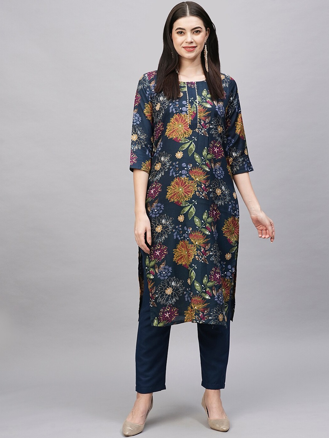 

KALINI Floral Printed Gotta Patti Straight Kurta with Trousers, Blue