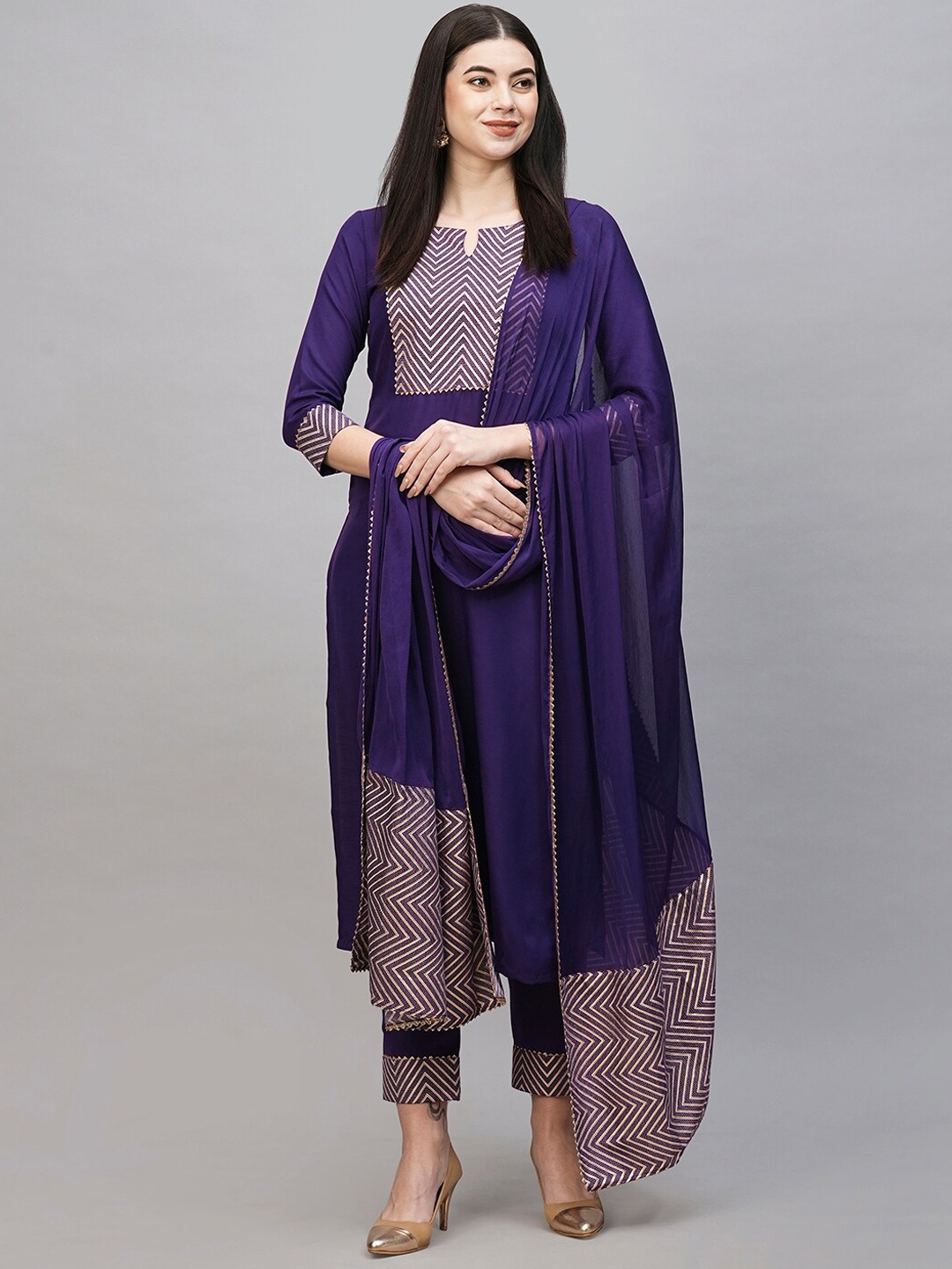 

KALINI Geometric Yoke Design Gotta Patti Kurta & Trousers With Dupatta, Purple
