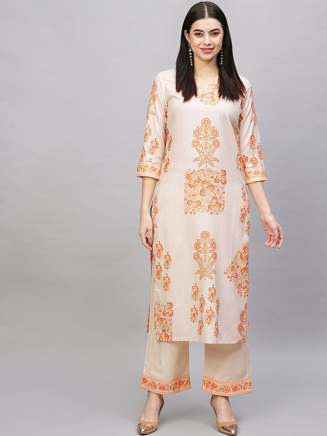 

KALINI Floral Printed Kurta with Palazzos, Cream