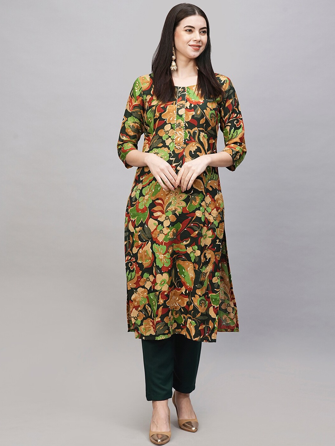 

KALINI Floral Printed Regular Kurta with Trousers, Green