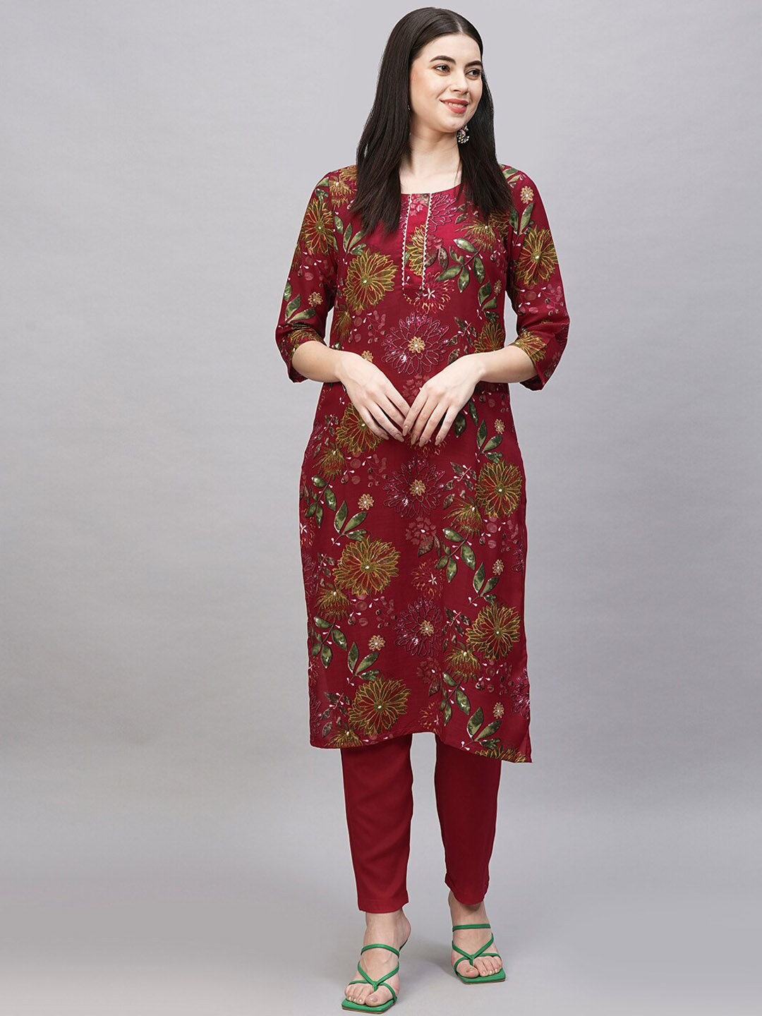 

KALINI Floral Printed Gotta Patti Straight Kurta with Trousers, Pink