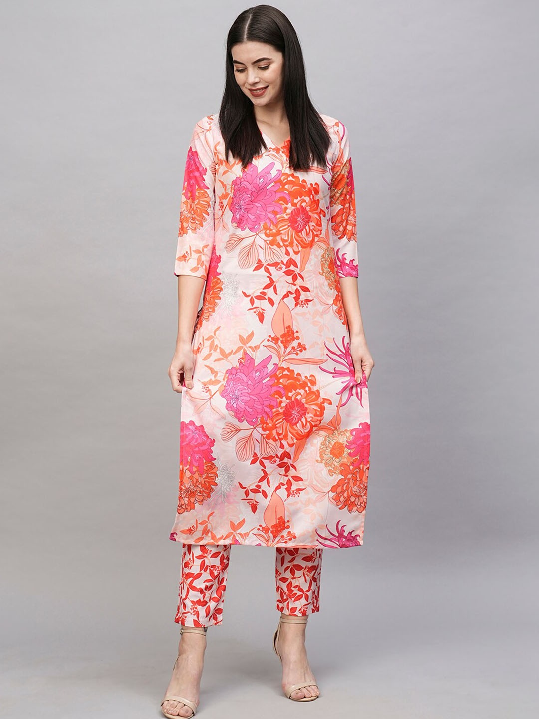 

KALINI Floral Printed V-Neck Regular Kurta with Trousers, Cream
