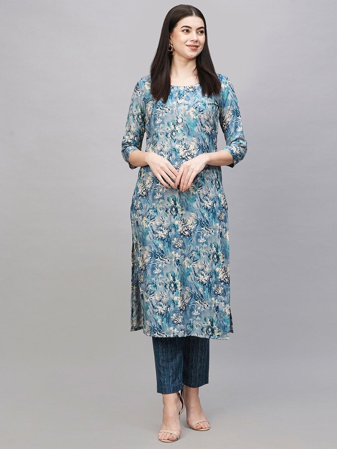 

KALINI Floral Printed Regular Kurta with Trousers, Blue