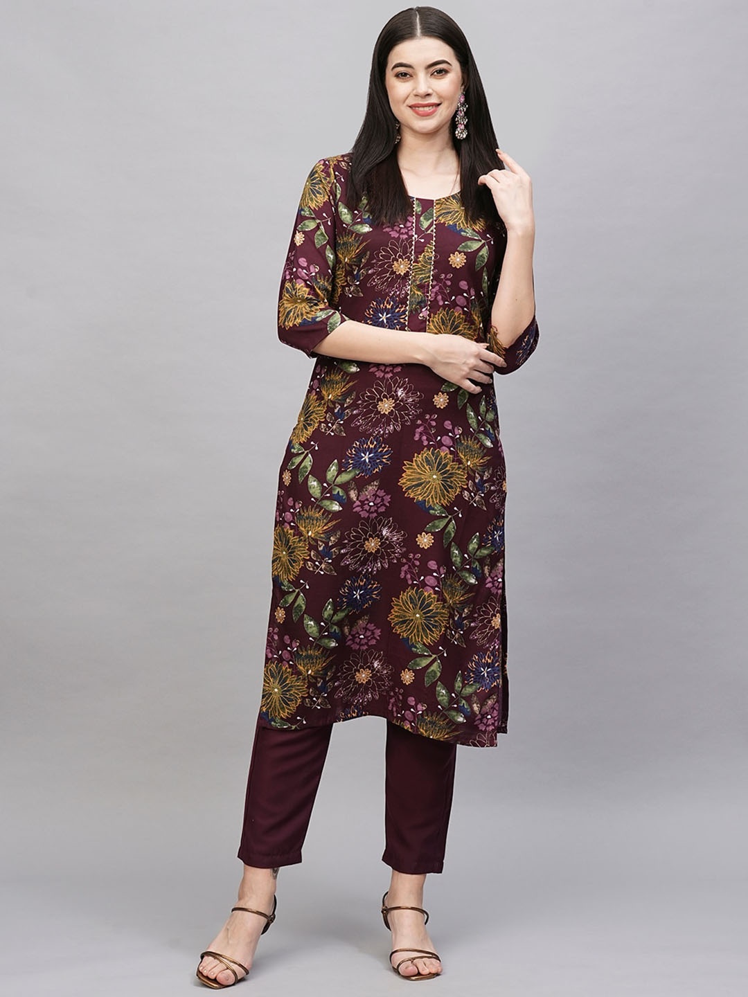 

KALINI Floral Printed Round Neck Three-Quarter Sleeves Pure Cotton Kurta with Trousers, Burgundy
