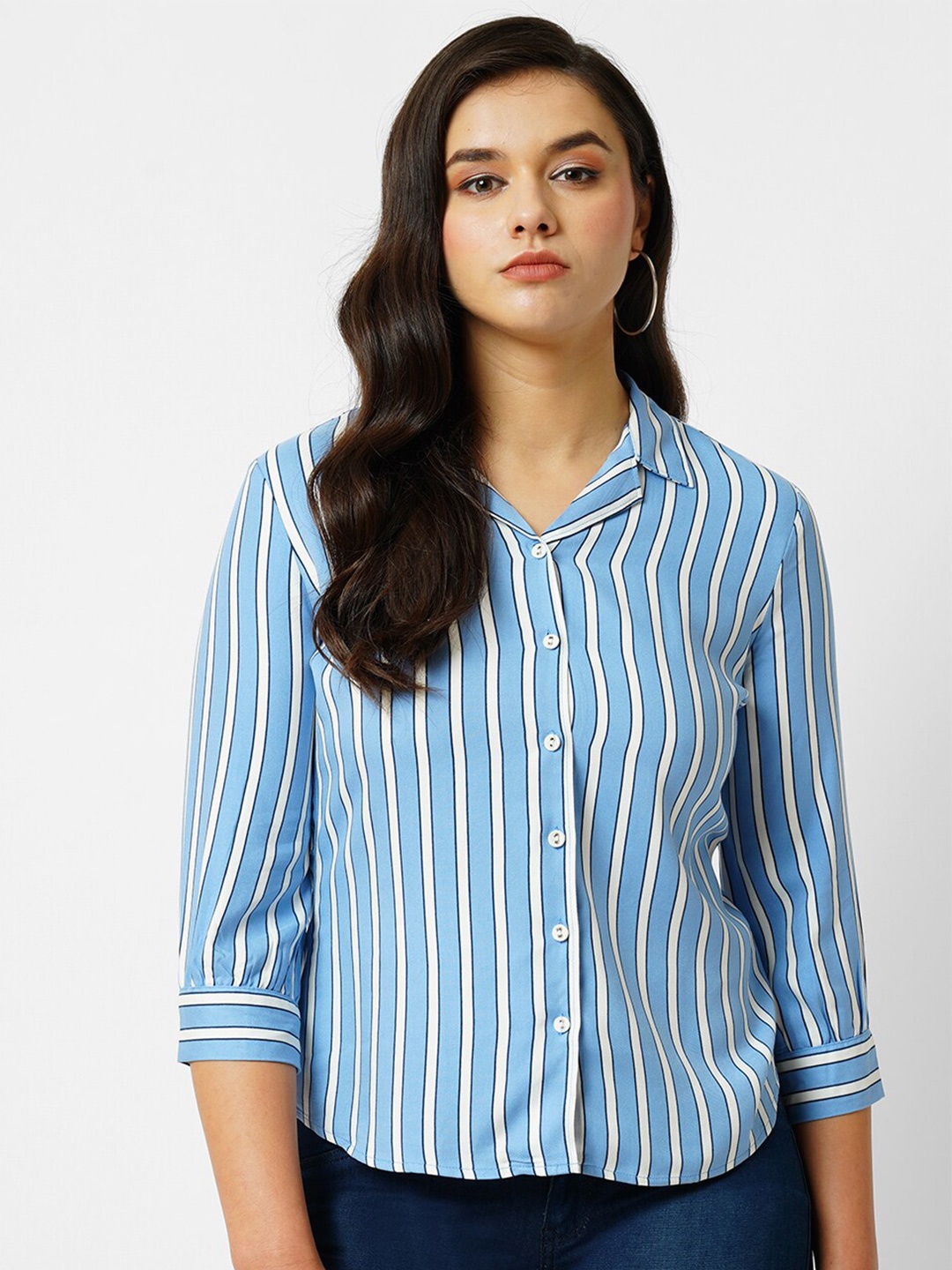 

Kraus Jeans Striped Spread Collar Slim Fit Curved Casual Shirt, Blue