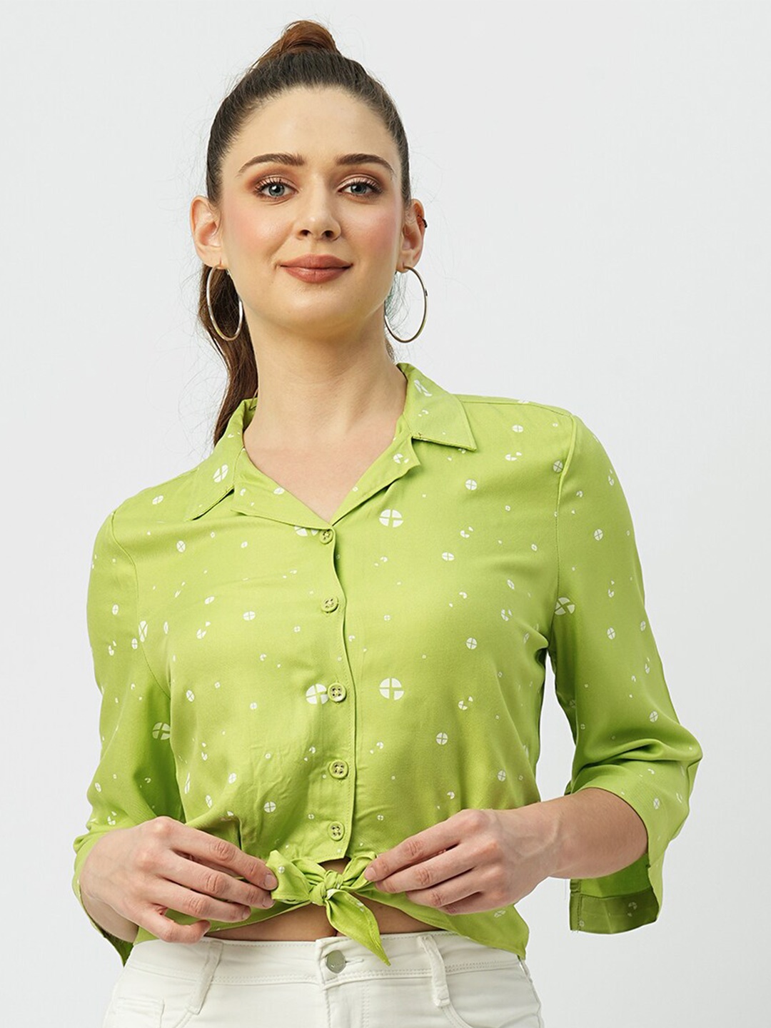 

Kraus Jeans Slim Fit Micro Ditsy Printed Casual Crop Shirt, Green