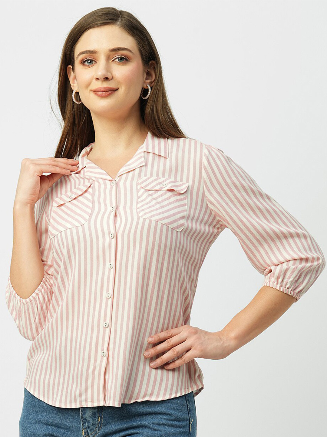 

Kraus Jeans Lapel Collar Three Quarter Sleeves Slim Fit Opaque Striped Casual Shirt, Peach